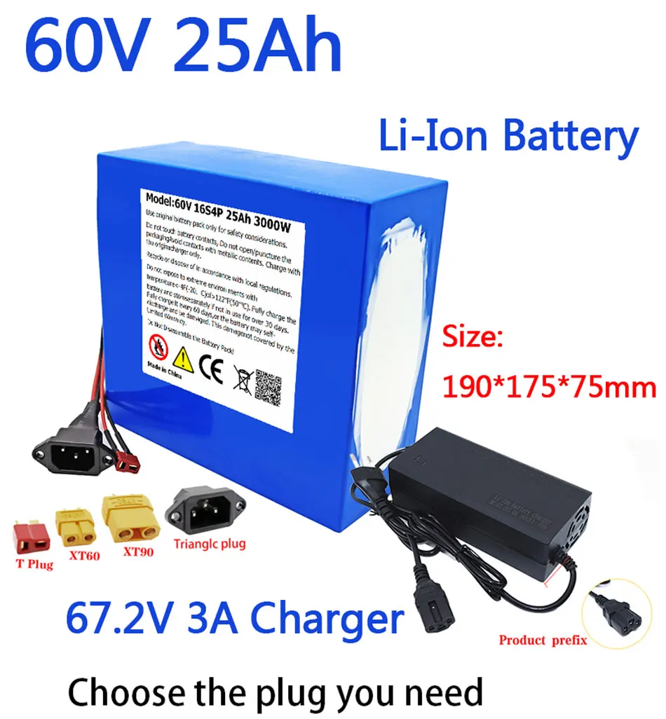 

60V 25AH Electric Bike 21700 Battery for Scooter Motorcycle 67.2V 16S4P 3000W rechargeable battery with same port BMS+charger