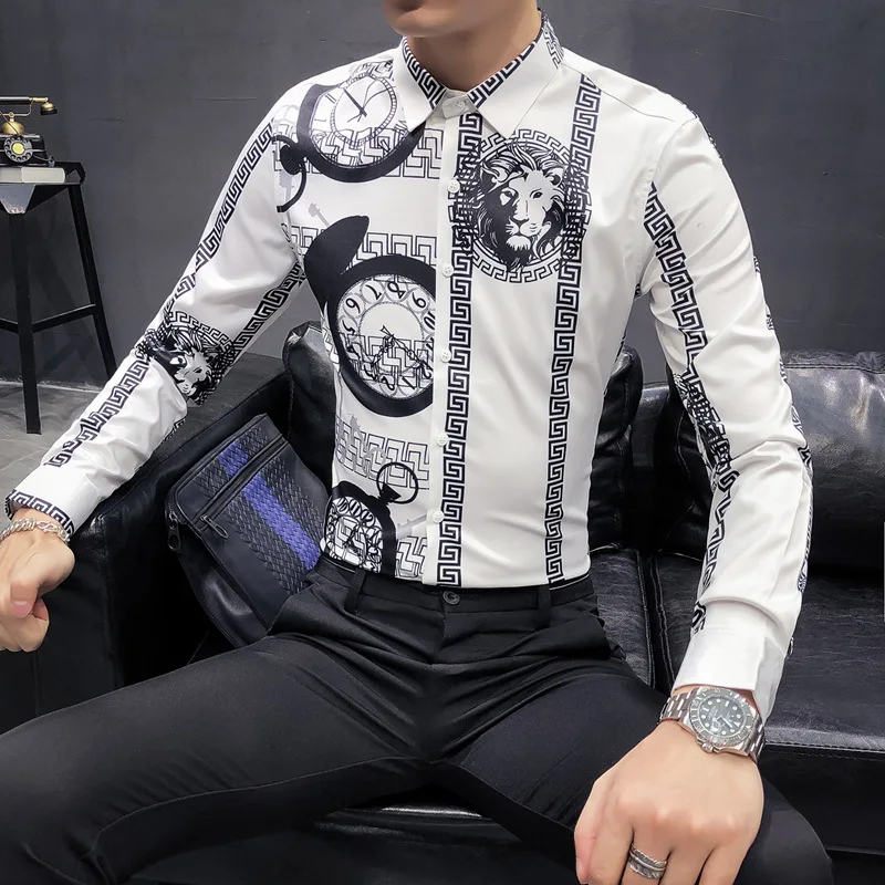 

2022 Mens Vintage Money Leopard and Clocks Printed Long Sleeve Shirt New Fashion Slim Fit Shirts Casual Club Shirts Mens Uomo