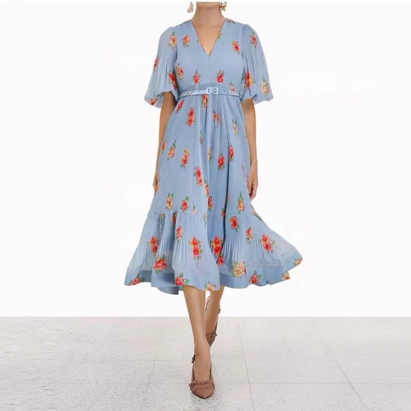 Women's Dresses 2022 Summer New V-neck Puff Sleeves Heavy Industry Pleated Waist Print Mid-Length Dress Free Shipping