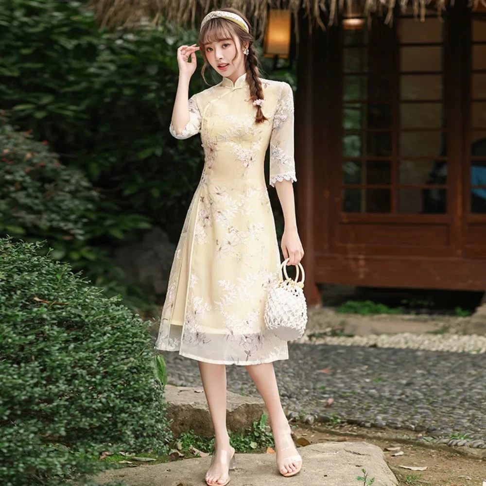 Модные элегантные платья-миди в китайском стиле Современные Moman Ципао летнее