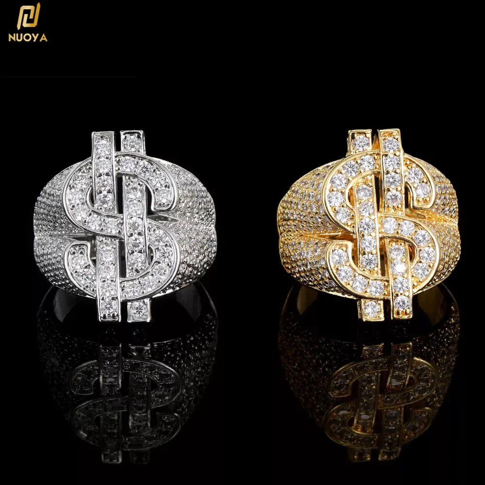 Hip Hop Big US Dollar Sign Rings 18K Gold Plated Iced Out Cubic Zirconia Bling Pinky Ring for Men