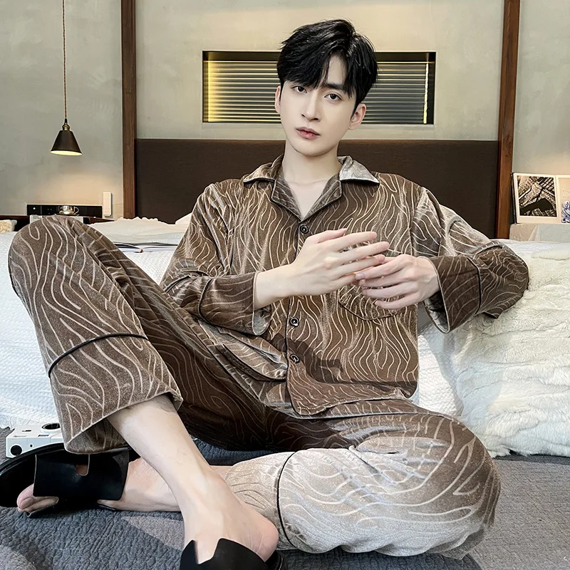 Men Pajama Set Cardigan Pleuche Velvet Loose Spring Autumn Winter Long Sleeve Pattern Pant Sleepcoat Trouser Homewear Nightshirt