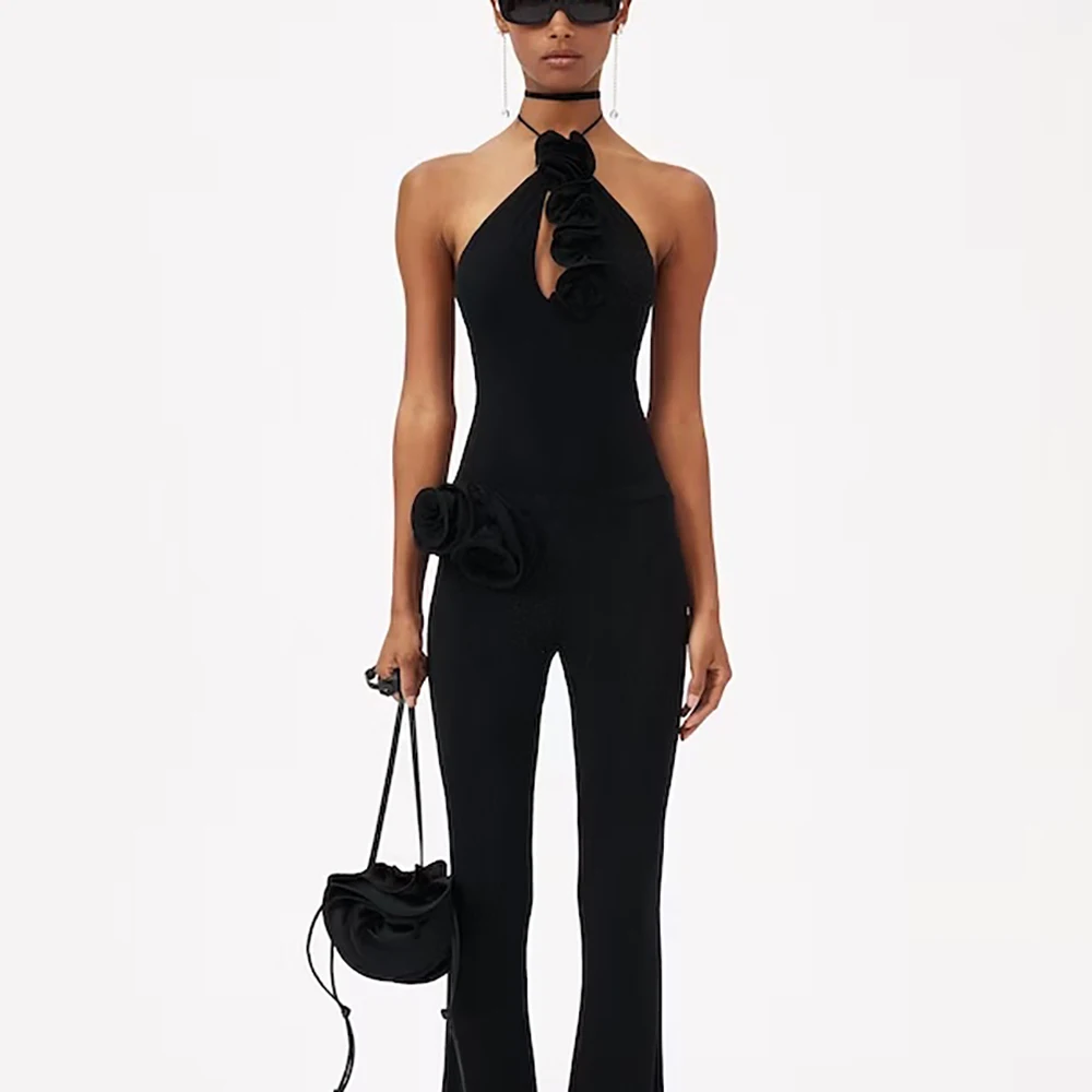 

2023 Spring And Summer New Women's Bodysuit Y2k Three-dimensional Flowers Decorated Lace-up Hanging Neck Sexy Backless One-piece