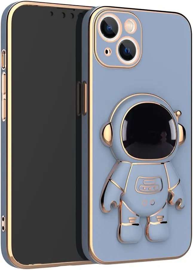 

Cute Outer Space 3D Astronaut Phone Case with Hidden Stand Lens Film Protective Cover for iPhone 11 Blue