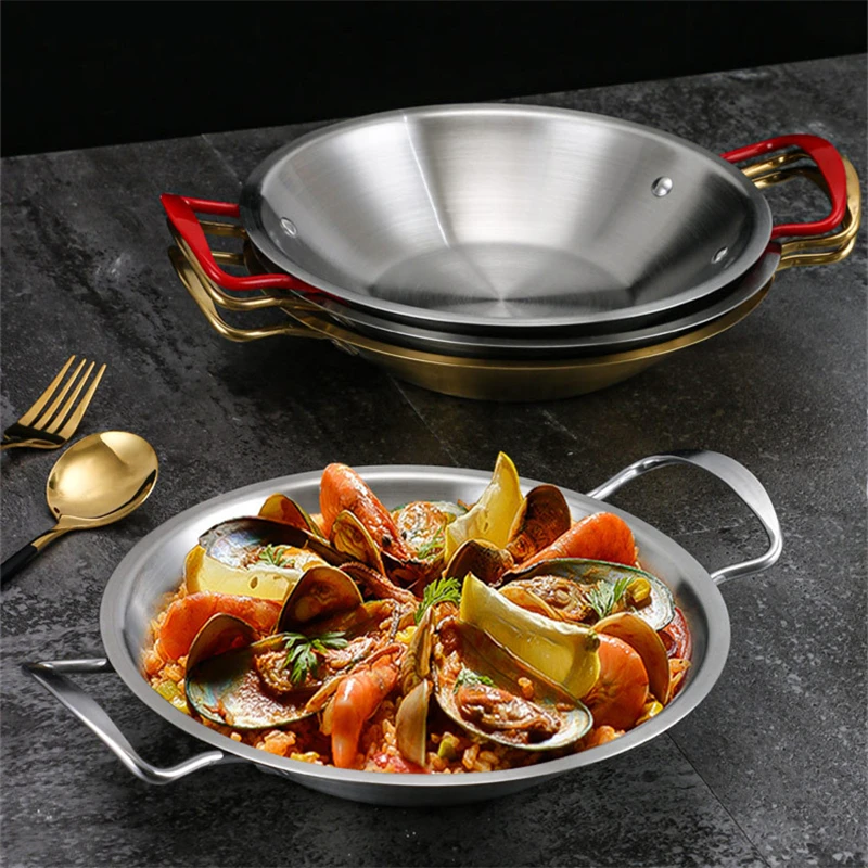 

Double Ear Seafood Soup Pan Stainless Steel Spanish Paella Saucepan Snack Food Plate Metal Ramen Cooking Pots Kitchen Cookware