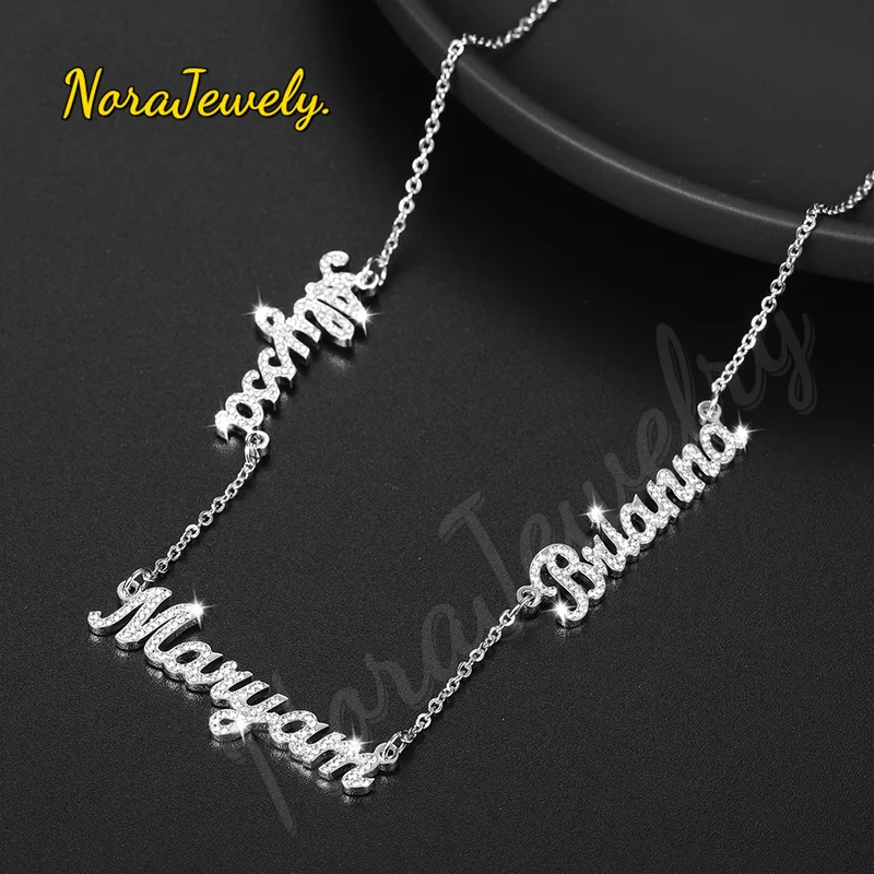 NORAJewelry Custom 3 Names Iced Out Necklace Personalized BlingBling Stainless Steel Name Nameplate Charm Necklace GiftFor Women