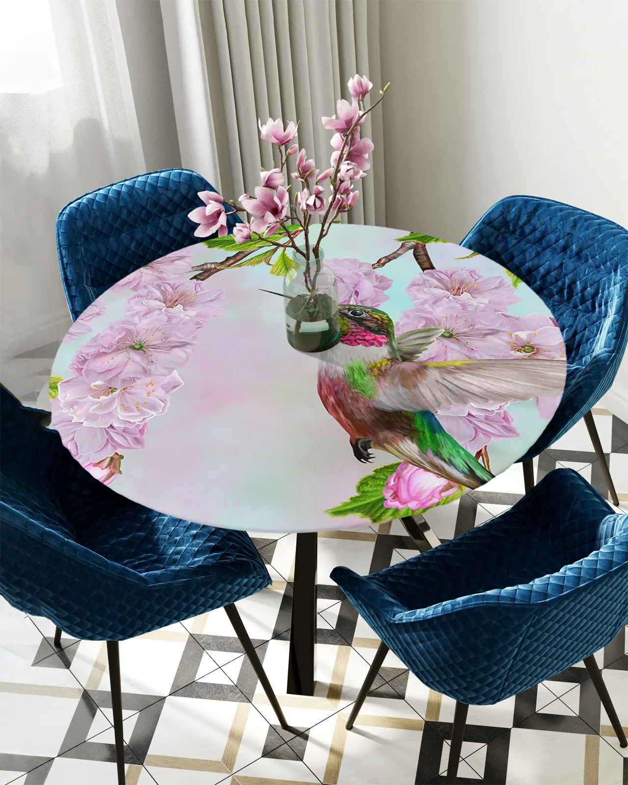 

Flower Cherry Blossom Hummingbird Round Rectangular Table Cover Waterproof Elastic Tablecloth For Kitchen Table Cloth Home Decor