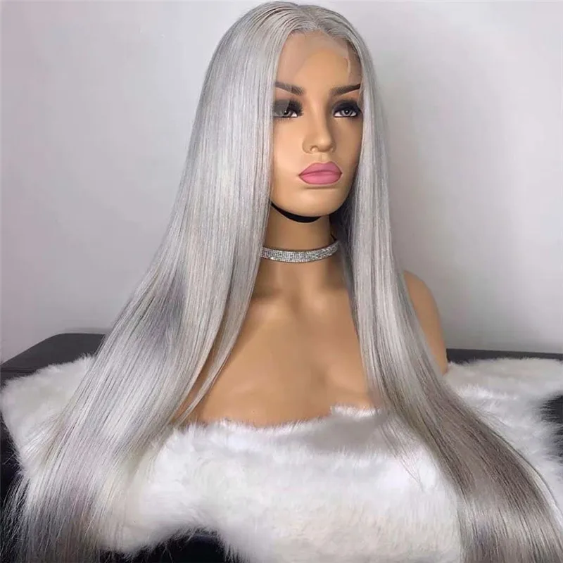 Transparent Lace Grey Straight Mixed Human Hair Blend Synthetic Wig Pre Plucked With Baby Hair 13x4 Lace Front Wig For Women