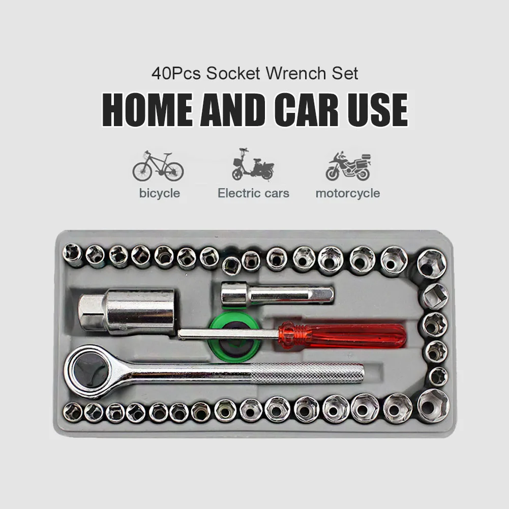 

40Pcs Universal Socket Wrench Set Hand Tool Carbon Steel SAE/Metric 1/4" 3/8" Drive Ratchet Spinner Wrench Set Car Repair Tool