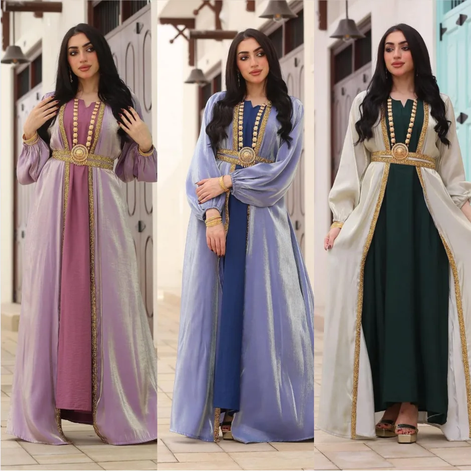 

Middle Eastern Islamic Luxury Muslim Fashion Women's Hot Diamond Light Luxury Dress Abaya Set Bright Silk Satin Three Piece Dres