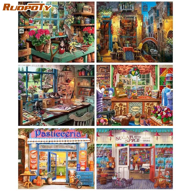 

RUOPOTY 60x75cm Frame Picture Painting By Numbers Kits Flower Shop oil painting Coloring By Numbers Acrylic Paint Picture For Ho