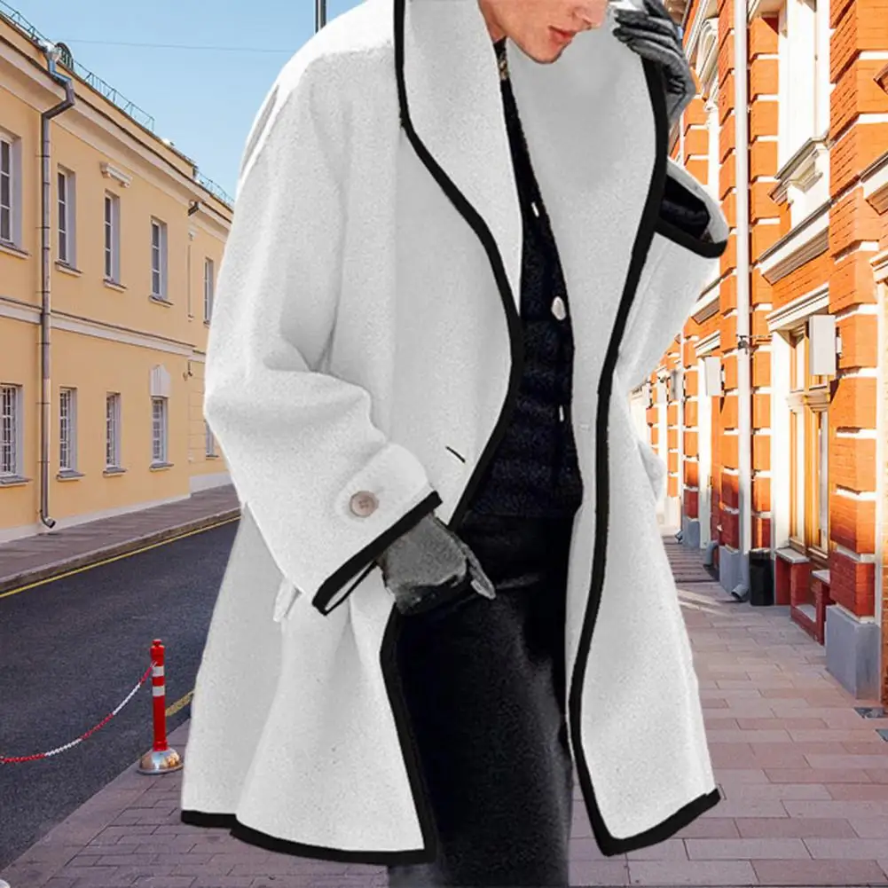 

Casual Jacket Stylish Women's Color-contrast Lapel Jacket Warm Mid-length Coat with Pockets for Fall Winter Streetwear Casual