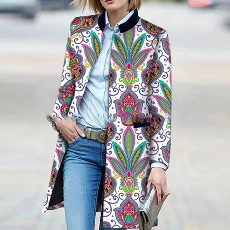 

2022 New Office Lady Slim Overcoats Women Retro Turtleneck Long Sleeve Cardigan Casual Autumn High Street Printed Jackets Coats