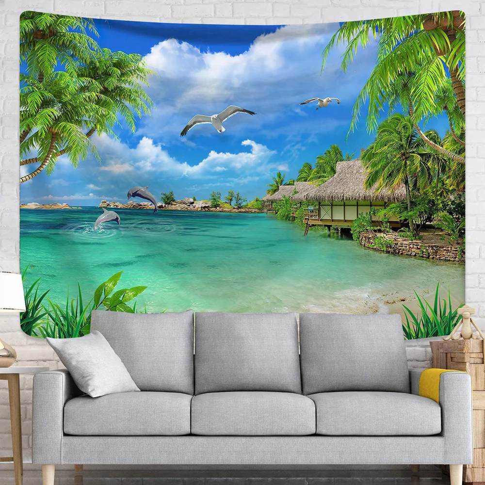 

Seaside Seagull Flower Tapestry Ocean Tropical Island Balcony Nature Scenery Wall Hanging Tapestries Bedroom Living Room Decor