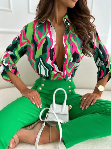 Casual Striped Print Shirts Blouse Women Elegant Button Long Sleeve Shirts For Women 2023 Spring Slim Blouse Top Office Ladies