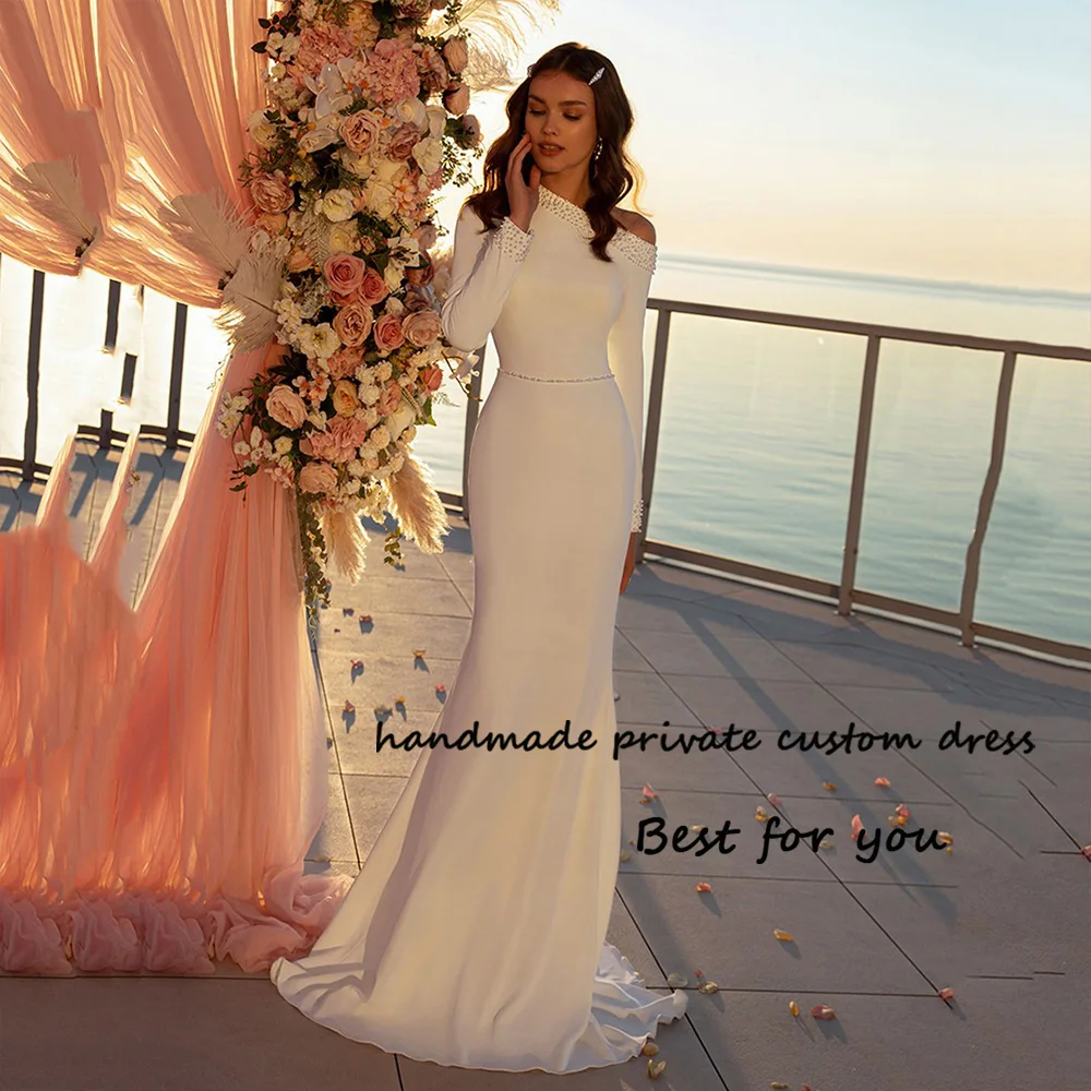 

White Mermaid Wedding Dresses for Bride Long Sleeve Pearls Satin Bodycon Bridal Gowns with Train Beach Wedding Gowns