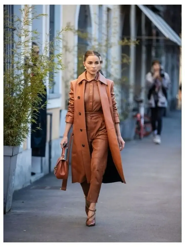 Leather Midi Coat Women Handmade Stylish Trench Coat Lambskin Leather Genuine Leather Jacket Women