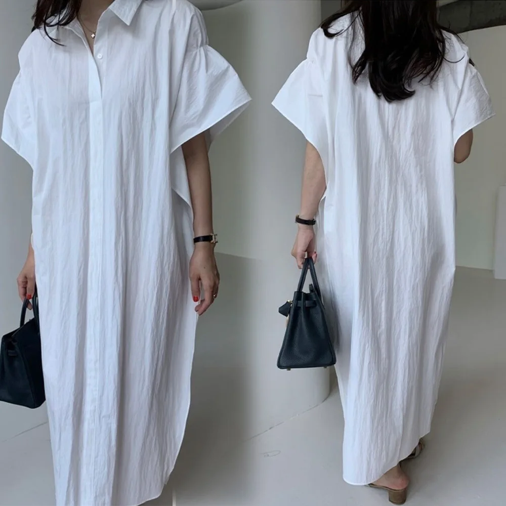 

WTIANYUW Plain Dress For Women Lapel Flying Sleeve Fold Pleated Straighe Casual Loose Dresses Female Summer 2022 Clothing Style