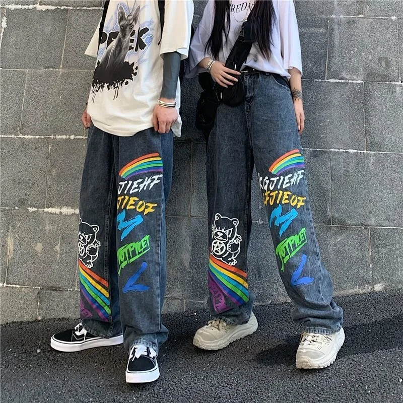 New Pants Graffiti Rainbow Print Wide Pants Women Pants Ins Streetwear Style Men And Women High Waist Loose Jeans