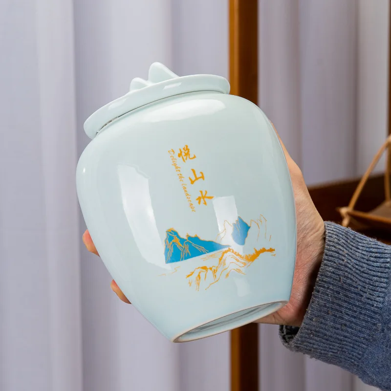 

Celadon Tea Pot Landscape Food Sealed Pot with Lid Dried Fruit Medicinal Herbs Grains Storage Pot Bottle Multi-functional Decor