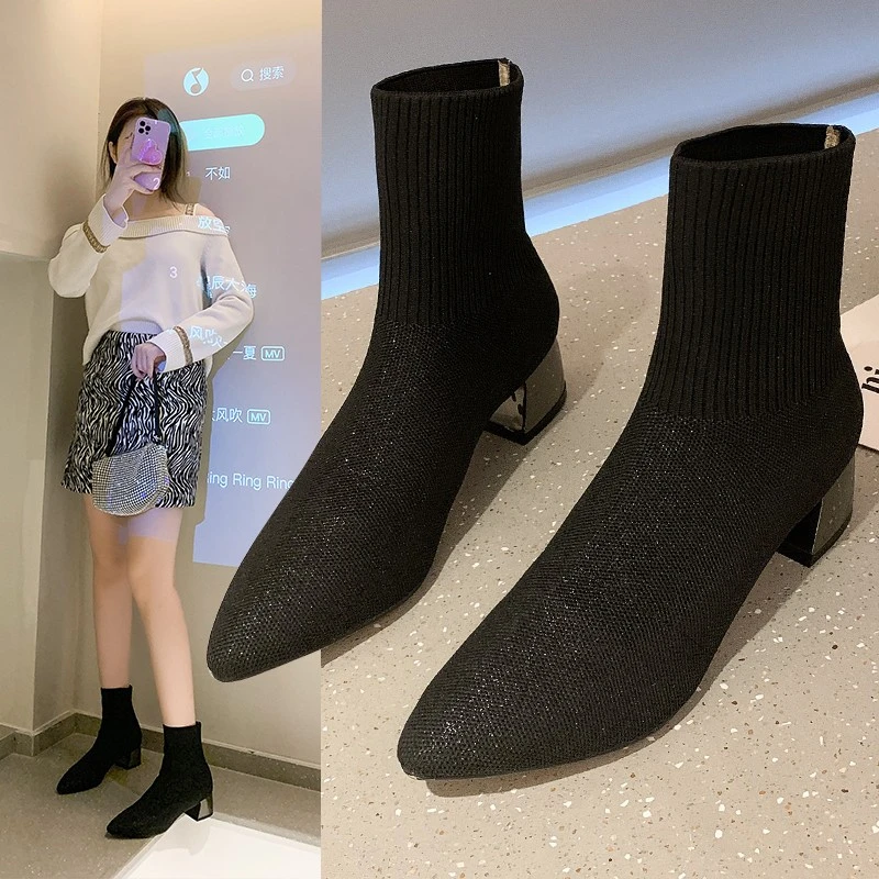 

Женские ботинки-носки 4 см, зимняя и Осенняя обувь, женские вязаные короткие ботинки из стрейчевой ткани до середины икры на платформе, женск...