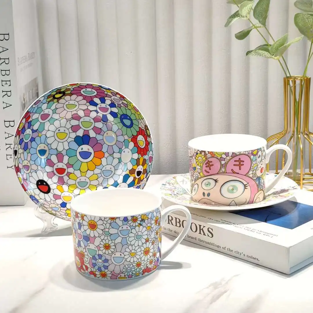 

Quality coffee cup set tableware sun flower rabbit pattern set 2 cups 2 plates mug dinner plate
