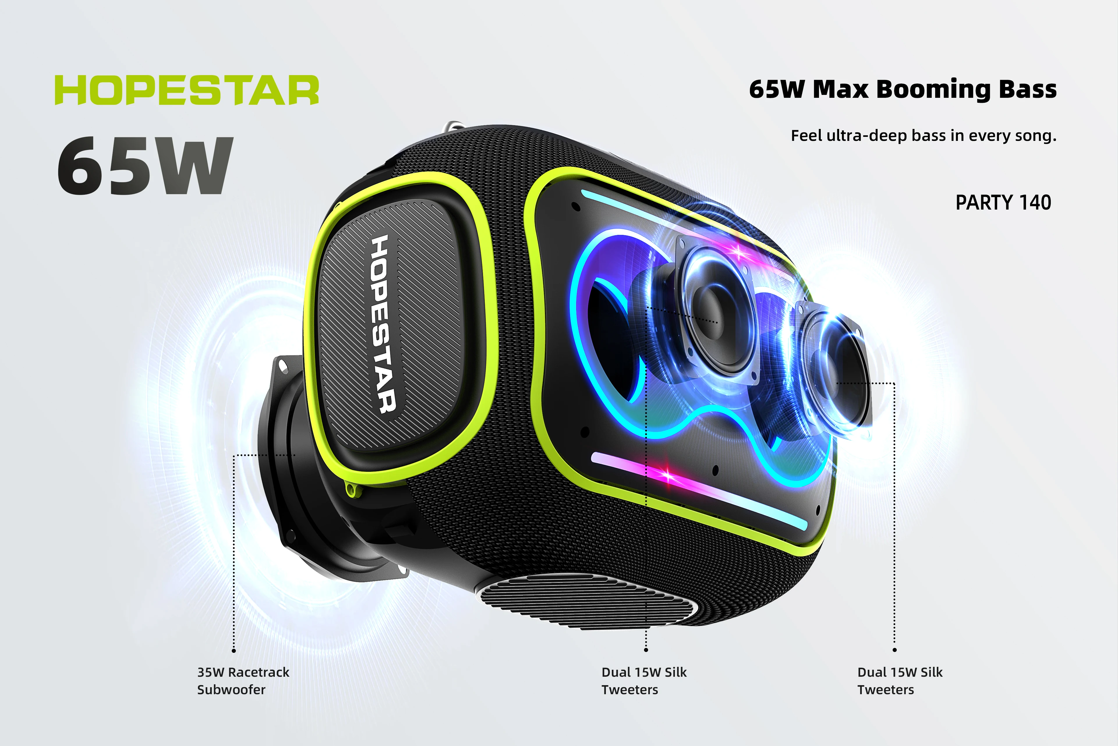 Фото Портативная Bluetooth-колонка HOPESTAR PARTYBOX 140 80W с RGB-подсветкой, микрофоном и аккумулятором 12500 мАч №4