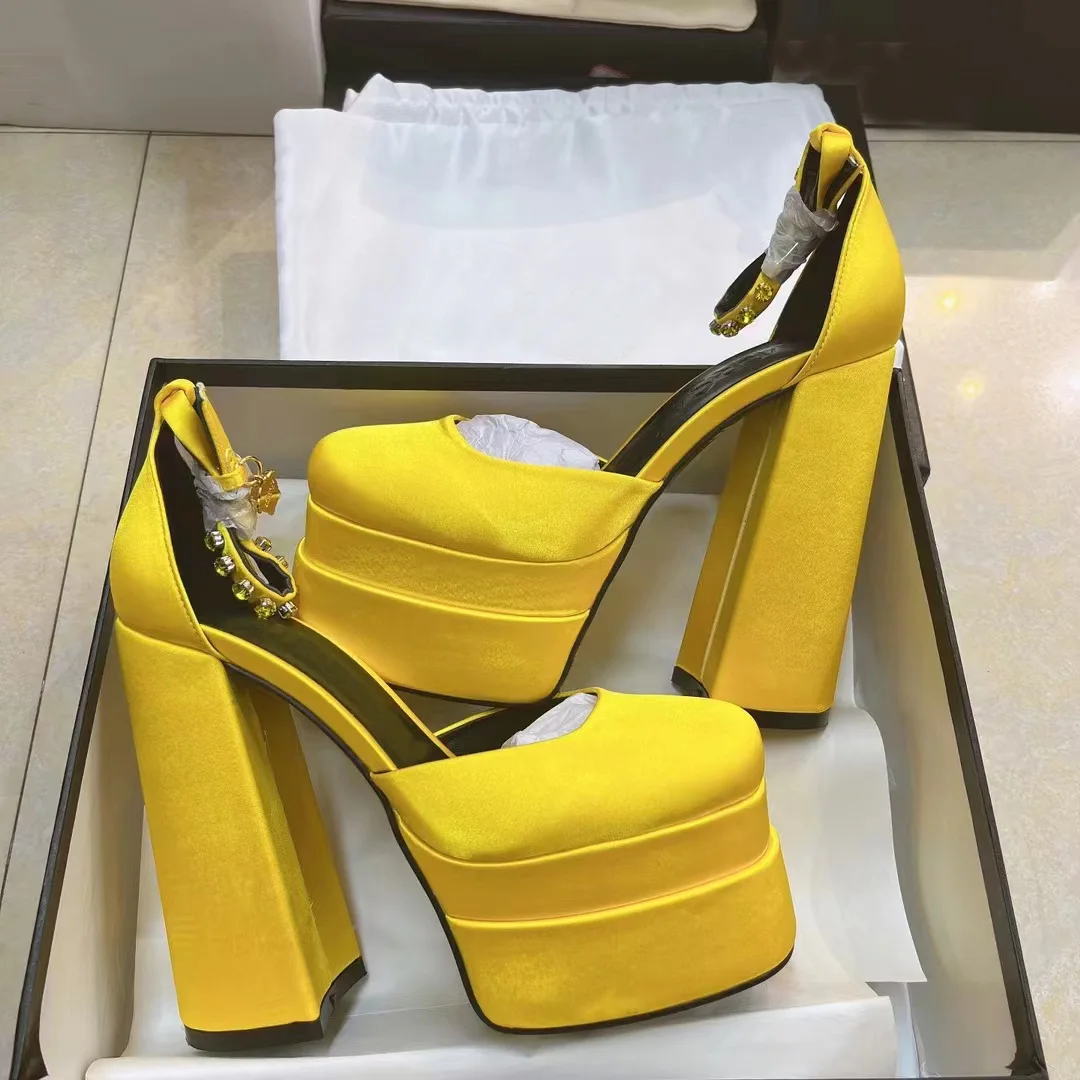 

Milan Italy Shoes Platform Pumps Runway Satin High Block Heel Double Platform Ankle Strap Rhinestones Crystals Square Toe