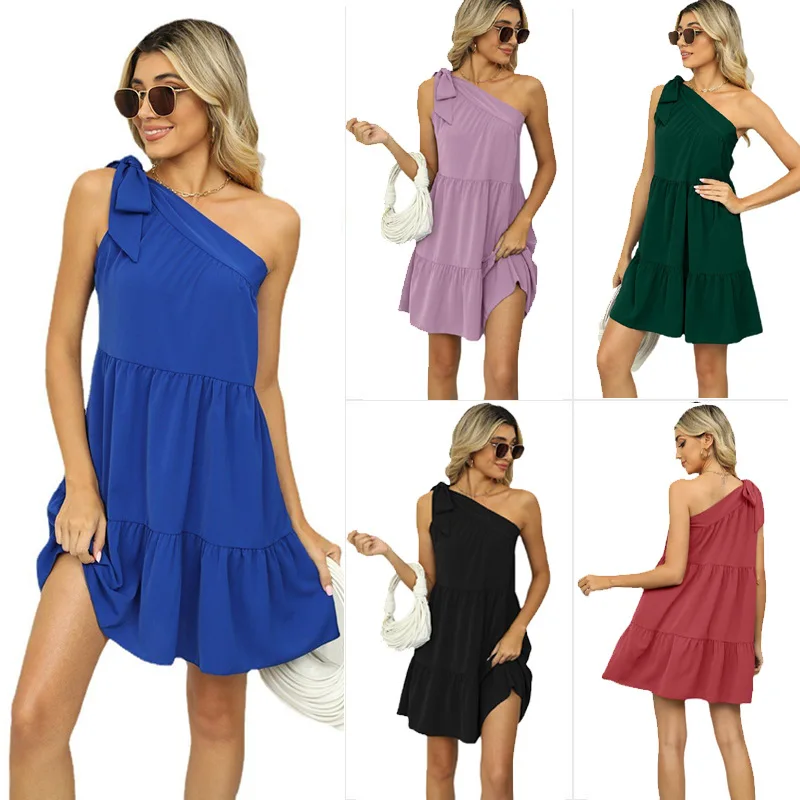 

Europe America solid color Dresses for Women 2023 Summer New Slash Neck Inclined shoulder sleeveless lace-up Dresses