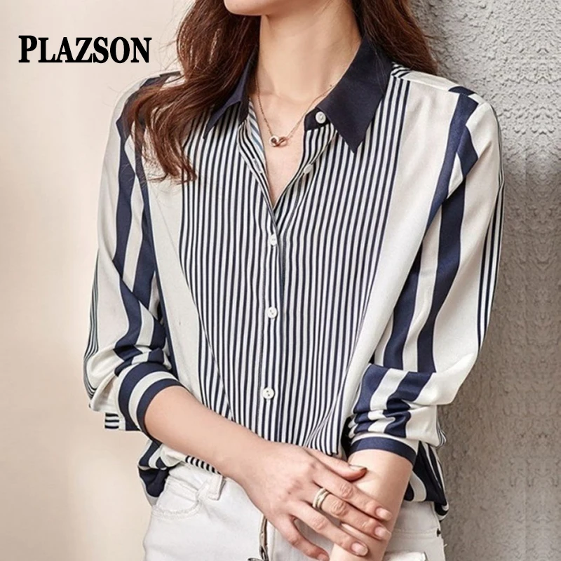 

PLAZSON chemisier femme nouvelle collection 2023 Women's Striped Print Top V Neck Long Sleeve Blouse Shirt Tops camisas de mujer