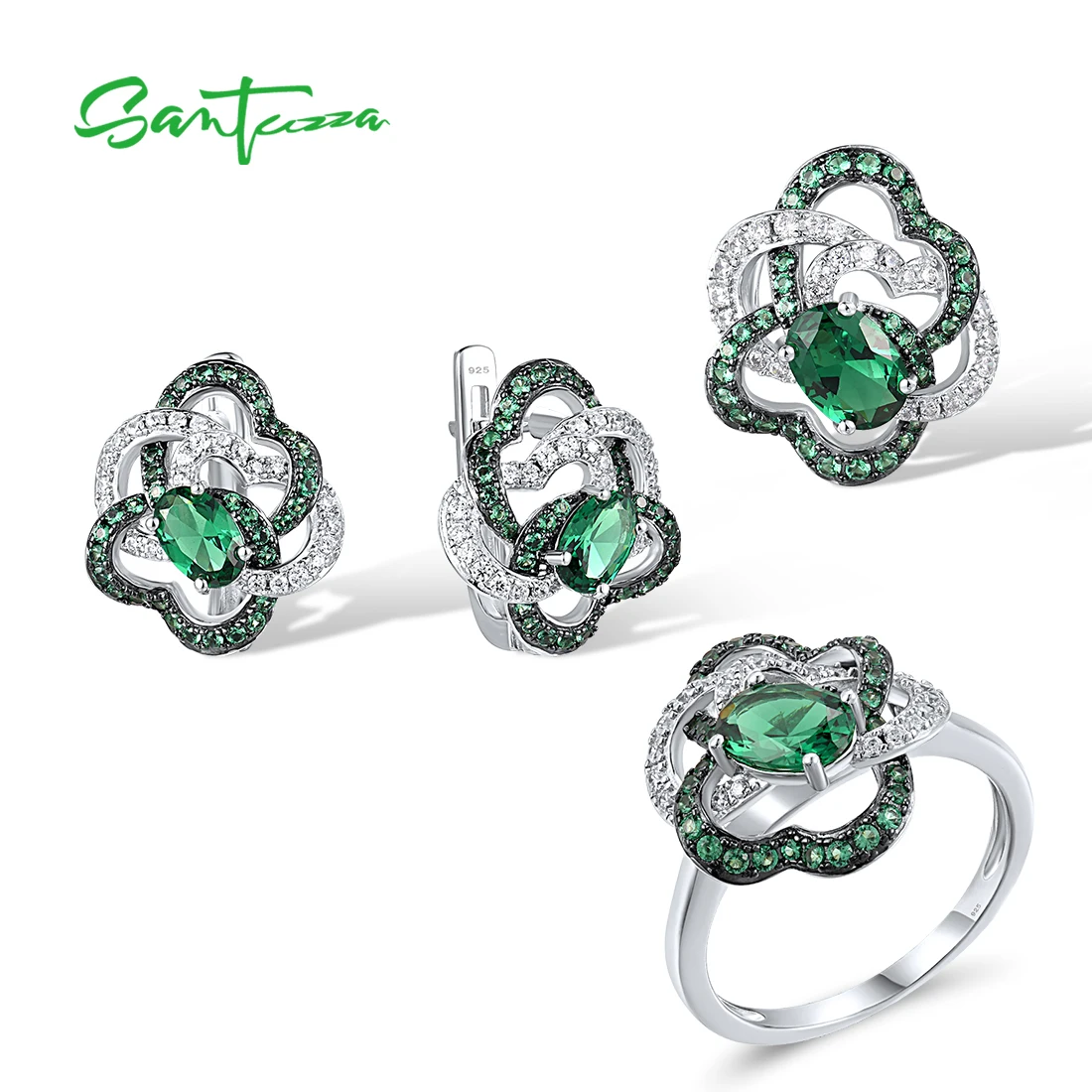 Женские серьги-подвески SANTUZZA из серебра 925 пробы с зеленой шпинелью и белым