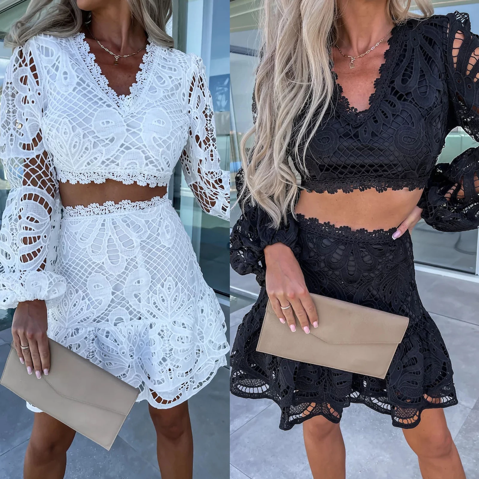 

Женская ажурная футболка с V-образным вырезом и короткая юбка