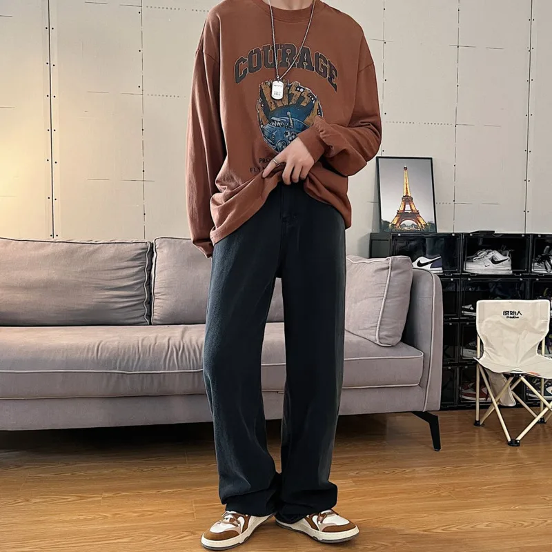 Black Red Baggy Jeans Men Fashion Casual Wide Leg Jeans Men Japanese Streetwear Hip Hop Loose Straight Denim Pants Mens Trousers