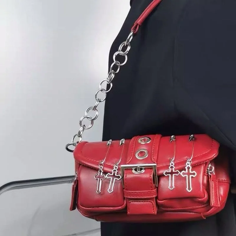 Xiuya Vintage Gothic Shoulder Bag Women 2021 Harajuku Punk Pin Cross Crossbody Bags Solid PU Leather Womens Handbag Pouch | Багаж и сумки