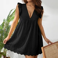 women casual v neck lace dress summer fly sleeve lace jacquard solid color loose dresses with lined shorts female clothing
