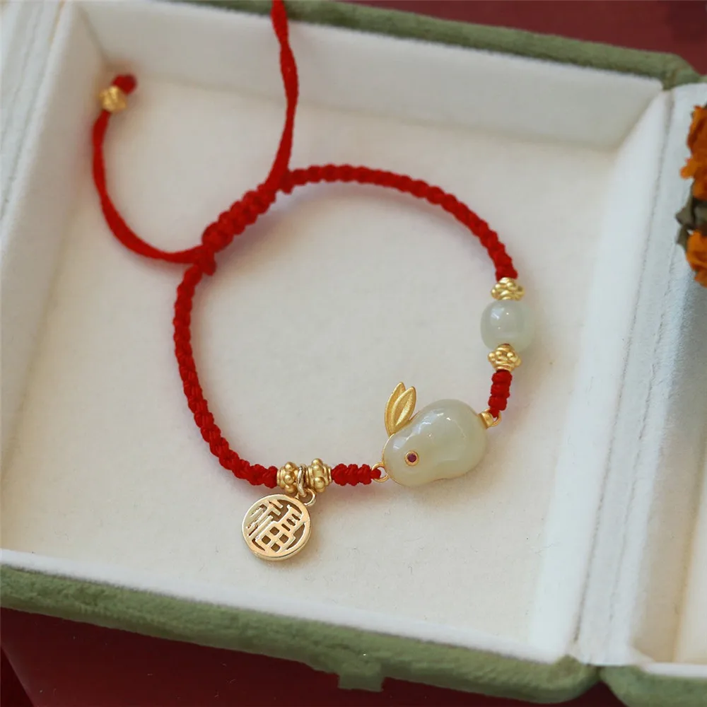 

Natural Hetian Jade Red Rope Braided Bracelet Zodiac Rabbit Female Blessing Pendant Lucky Bead Hand Ornament Romantic Girl Gift