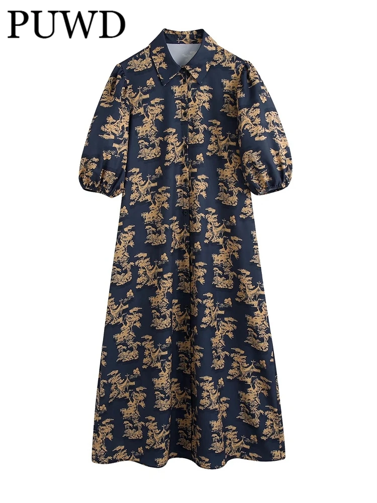 

PUWD Women Turn-down Collar Waist Long Sleeve Dress 2022 Spring Fashion Ladies Chiense Style Vintage Dress Female Printed Dress
