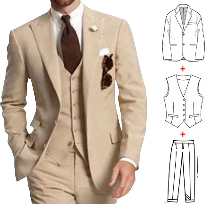 Three Piece Business Party Best Men Suits 2023 Peaked Lapel Two Button Custom Made Wedding Groom Tuxedos Jacket Pants Vest