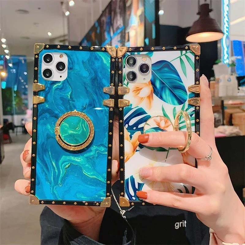 

Luxury Glitter Diamond Ring Holder Square Phone Case For iPhone 14 13 12 11 Pro Max X XS XR 7 8 Plus SE2 Bluray Silicone Cover