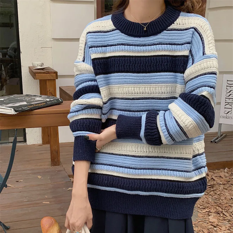 

Autumn Winter Round Neck Knitted Sweater Women casual oversized stripe Color matching pullover Knitted Sweater thicken jumper