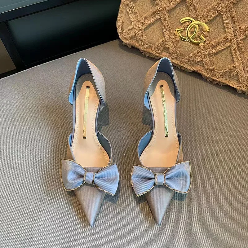 

High heels design sense of minority temperament spring and summer 21 new pointed shallow mouth bow thin heel wedding shoes