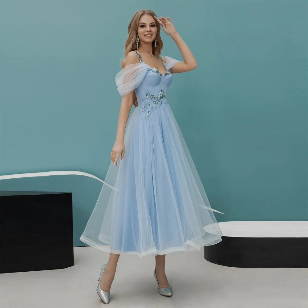 

Sky Blue Elegant Pretty Prom Dresses Cap Sleeves Flowers Beading A-Line Women Homecoming Evening Party Dresses Custom Made