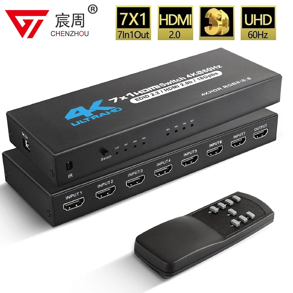Фото Коммутатор 7 портов HDMI 2,0 4K @ 60 Гц 7x1 HDMI 2,0 переключатель с ИК-пультом дистанционного управления аудио и видео преобразователь 7 в 1 выход поддержка HDR и HDCP 2,2 DC5V №1