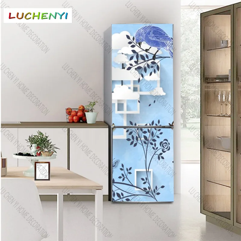 Наклейка на холодильник с синими птицами и цветами под заказ