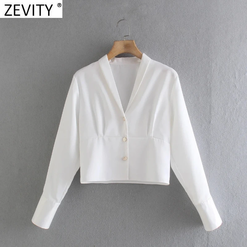 

Zevity Women Fashion Golden Buttons Pleats Short White Blouse Office Ladies Long Sleeve Business Shirts Chic Blusas Tops LS9948