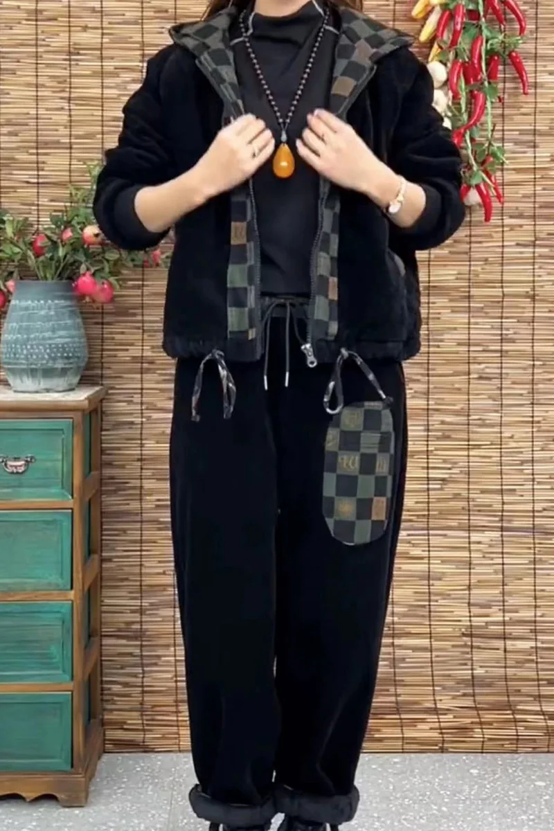 Осень-зима 2024 вельветовый комплект с капюшоном женская свободная утягивающая