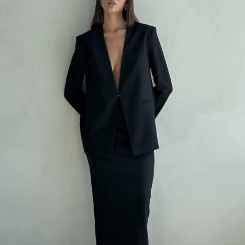 Autumn Winter 2023 Loose Blazers for Women Khaki Blazer for Casual Commuting One Button V-Neck Double Pocket Suit