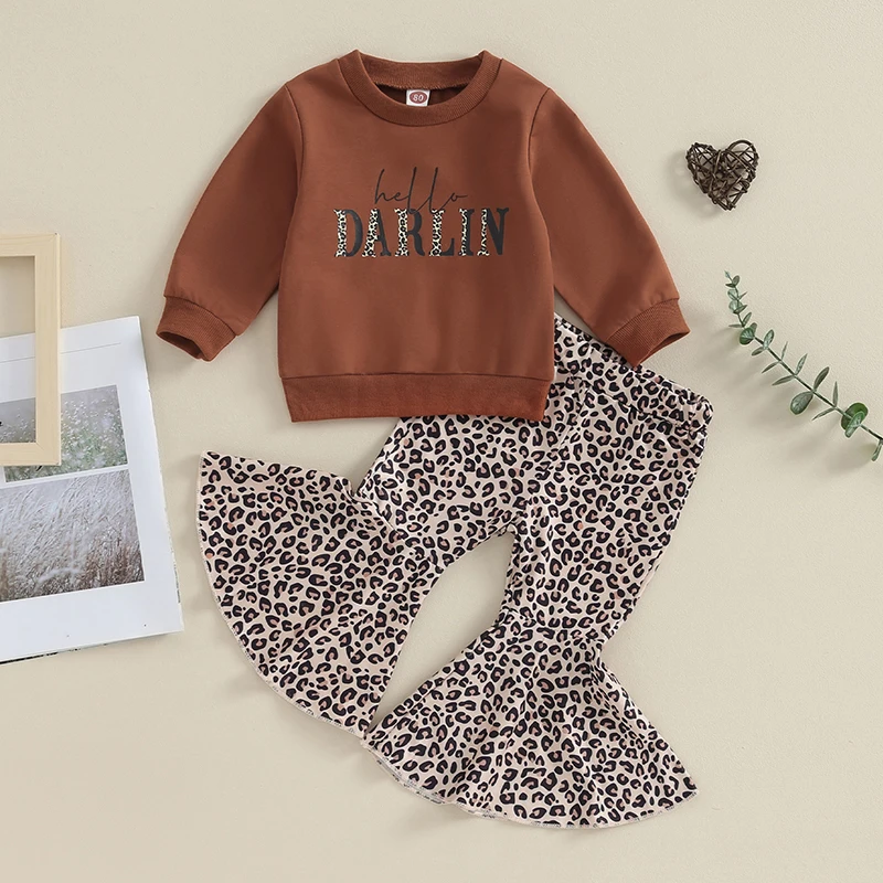 

6M-4Y Autumn Toddler Kids Baby Girls Clothes Sets Letter Print O-neck Sweatshirts Leopard Flare Long Pants Holiday Clothes