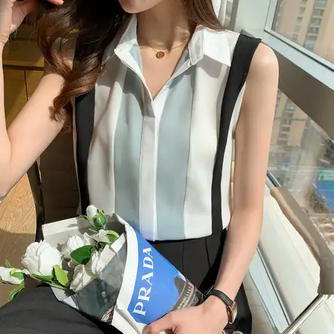 Women Blouses Stripe Sleeveless Sexy Blouse Office Lady Basic Womens Tops Summer Fashion Female Clothing OL Chiffon Women Shirt