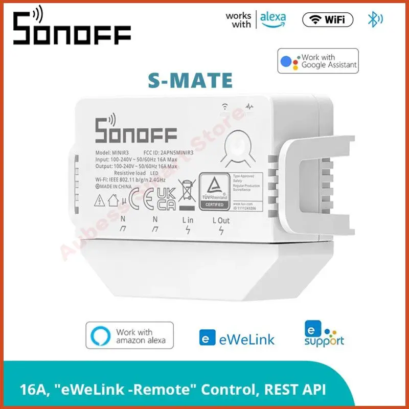 

SONOFF MINIR3 16A Wifi Bluetooth Smart Switch S-MATE No Neutral Line EWeLink Remote Control Works With Alexa Google Home Alice